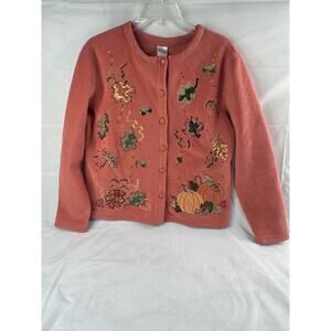 Fleece Button Embroidered Cardigan Cottagecore Autumn Fall Pumpkins Size S